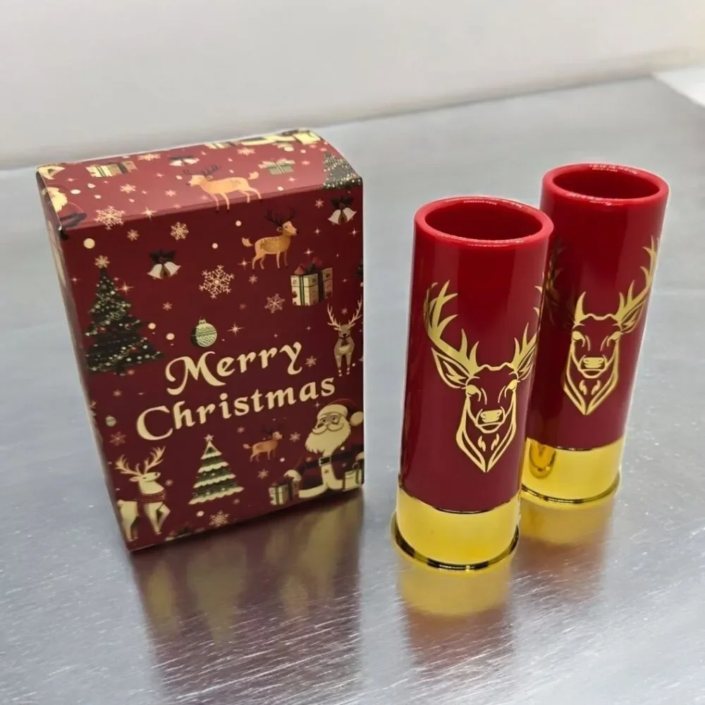 Gift Box Set 12 Gauge Shotgun Shell Red Shot Glasses Gold Deer Novelty Barware